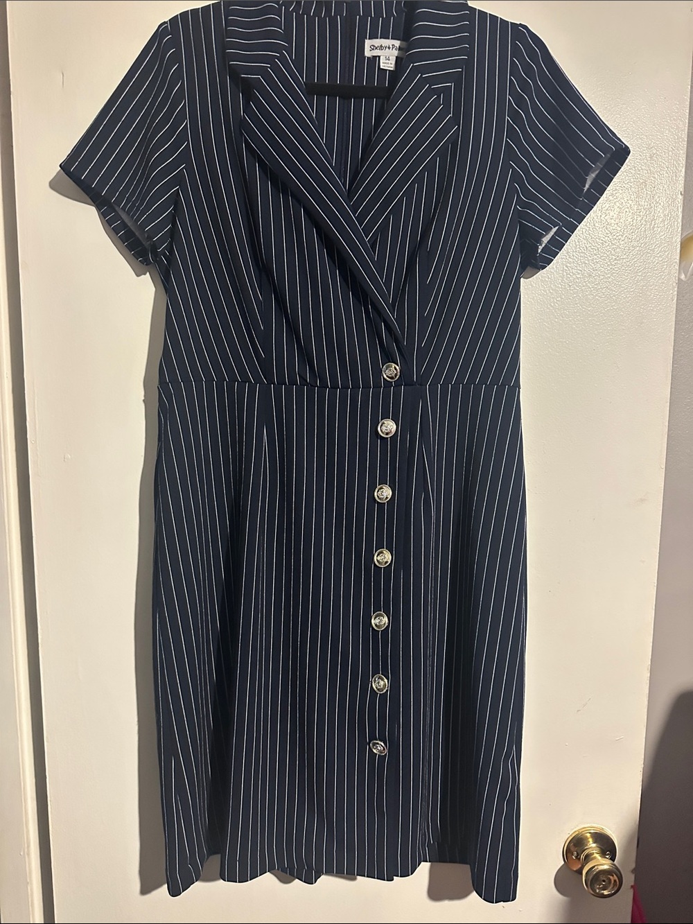 Shelby & Palmer Navy and White Pinstripe Button-Front Midi Dress